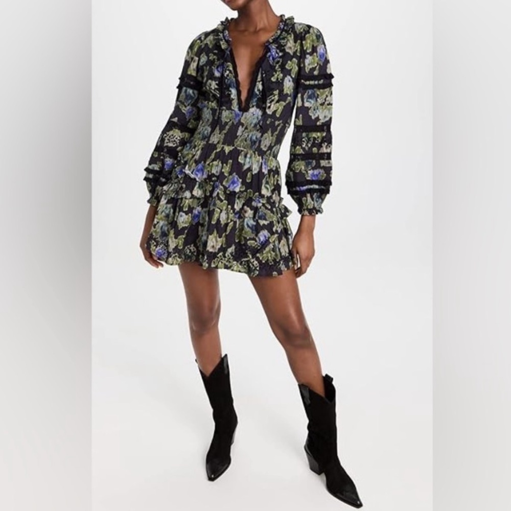 NWT LoveShackFancy Clarkie Long Sleeve Mini Floral Dress in Deep Blue Tr…